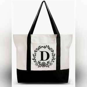 Monogrammed Embroidered Canvas Tote Bag Zipper Pocket Personalized Gift Letter D